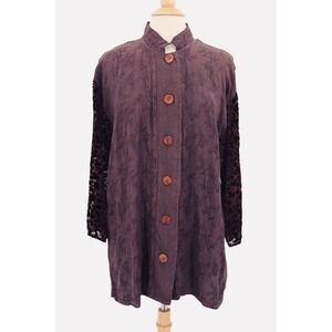 Uru‎ Textured Blouse Tunic Purple Rose Patterned Button Down Velvet One Size